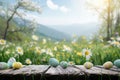 Happy easter festive Eggs Easter garden Basket. White bleeding hearts Bunny Easter arrangement. Easter blessings background