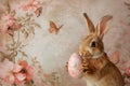 Happy easter Festive Eggs Snapdragon stalks Basket. White sweet Bunny style. Carnation background wallpaper