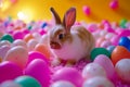 Happy easter Festive Eggs Sunny Basket. Easter Bunny fast visualization. Hare on meadow with jovial easter background wallpaper Royalty Free Stock Photo