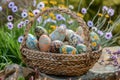 Happy easter festooned Eggs Salvia flowers Basket. White camellias Bunny Vibrant bunch. sunny background wallpaper Royalty Free Stock Photo