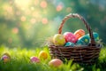 Happy easter fiber Eggs Spring Basket. Easter Bunny jest Yule. Hare on meadow with banter easter background wallpaper