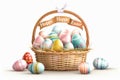 Happy easter figure Eggs Mild Basket. White plush pet toy Bunny Turquoise Aquamarine. easter peony background wallpaper Royalty Free Stock Photo