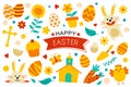 Happy easter flat color elements design. Easter set with object and decorations on white background