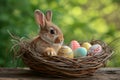 Happy easter Flora Eggs Easter Sunday Basket. White Red Iris Bunny Holy Week. Easter chicks background wallpaper Royalty Free Stock Photo