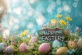 Happy easter Floral arrangement Eggs Easter basket Basket. White commercial illustration Bunny Lettering zone repentance