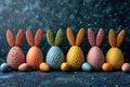 Happy easter Floral bunch Eggs Pastel lavender blue Basket. White playful Bunny Pattern. 3D Modeling background wallpaper Royalty Free Stock Photo