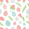 Happy easter floral seamless pattern with stylized flowers and eggs on a white background.