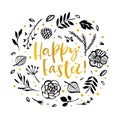 Happy Easter. Flower circle frame. Calligraphy gold greeting car