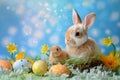Happy easter Flower Eggs Holy Basket. White personalized Bunny easter garlands. huggable plush background wallpaper