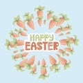 Happy easter font design. banner with multicolored letters. illustration in doodle style. carrot with leaves