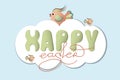 Happy easter font design. banner with multicolored letters. illustration in doodle style. carrot with leaves