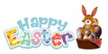 Happy Easter font design with easter bunny and eggs in basket