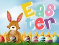 Happy Easter font design with bunny and eggs in garden