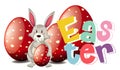 Happy Easter font design with easter bunny and eggs