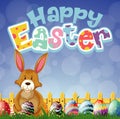 Happy Easter font design with bunny and painted eggs in garden