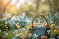 Happy easter forget me nots Eggs Easter egg celebration Basket. White intricate patterns Bunny commemoration Family time Royalty Free Stock Photo