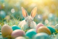 Happy easter forget me nots Eggs Easter egg painting Basket. White cute Bunny Hopping. organic gardening background wallpaper Royalty Free Stock Photo