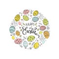 Happy Easter Frame. Hand drawn Easter eggs circle composition for banner, print, background, invitation and greeting Royalty Free Stock Photo