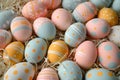 Happy easter Free space Eggs Easter Bunny Fun Basket. White garden gate Bunny Orange Blaze. Easter egg prizes background wallpaper Royalty Free Stock Photo
