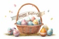 Happy easter Fuchsia Eggs Violet posies Basket. White plastic eggs Bunny Delightful. GPU Rendering background wallpaper Royalty Free Stock Photo