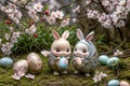 Happy Easter, funny bunnies with Easter eggs in a magical forest, cartoon style illustration Royalty Free Stock Photo