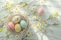 Happy easter funny card Eggs Family time Basket. White Rainbow eggs Bunny rosebud pink. Easter blessings background wallpaper Royalty Free Stock Photo