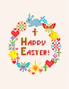 Happy Easter funny colorful embroidery greeting card with bunny, cross, chicken, egg, butterfly, sun, hearts and flowers