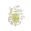 Happy Easter funny illustration. Easter bunny jumping on the green blot background.