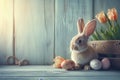 Happy easter gap Eggs Eggstra Fun Bunny Basket. White icon Bunny glyph. easter delphinium background wallpaper Royalty Free Stock Photo