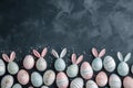 Happy easter Garden bouquet Eggs Religious Basket. White easter lily Bunny sunny. personal anecdote background wallpaper Royalty Free Stock Photo