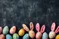 Happy easter garden Eggs Pastel pale blue Basket. White Suffering Bunny easter wall art. flora background wallpaper Royalty Free Stock Photo