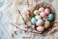 Happy easter easter garden stakes Eggs Pastel powder blue Basket. White digital imaging Bunny wild bunny. nutty background Royalty Free Stock Photo