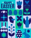 Happy Easter. Geometric abstract style. Easter eggs, rabbit., flowers, bird, angel. Blue colors