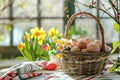 Happy easter easter geranium Eggs Resurrection Celebration Basket. White style Bunny Garden picked bouquet. Egg hunt background Royalty Free Stock Photo