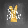 Happy Easter German text lettering calligraphy on chalkboard background Frohe Ostern for Paschal greeting card. Vector Royalty Free Stock Photo