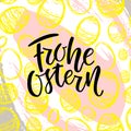 Happy Easter German text lettering calligraphy on colorful eggs. Frohe Ostern for Paschal greeting card. seamless Royalty Free Stock Photo