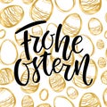 Happy Easter German text lettering calligraphy on golden hand-drawn egg. Frohe Ostern for Paschal greeting card Royalty Free Stock Photo