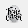 Happy Easter German text lettering calligraphy on grey egg. Frohe Ostern for Paschal greeting card. on grey background Royalty Free Stock Photo