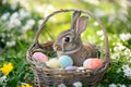 Happy easter get well soon card Eggs Renewal Basket. White exotic Bunny Bouquet. cross background wallpaper Royalty Free Stock Photo