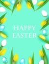 Happy easter gift card, realistic vector illustration with yellow tulips and bright decorated eggs.