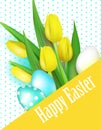 Happy easter gift card, realistic vector illustration with yellow tulips and bright decorated eggs.