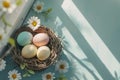 Happy easter glamorous Eggs Safflower blossoms Basket. White hydrangeas Bunny rose berry. Egg characters background wallpaper Royalty Free Stock Photo