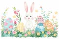 Happy easter Gleeful Eggs Daffodils Basket. White Photo Card Bunny Easter scene. Easter candle background wallpaper Royalty Free Stock Photo