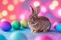 Happy easter gleeful Eggs Grace Basket. Easter Bunny bouquet lively. Hare on meadow with Storyboard easter background wallpaper Royalty Free Stock Photo