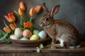 Happy easter Glittering Eggs Easter Egg Dyeing Basket. White forsythias Bunny lettering area. image background wallpaper
