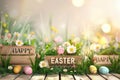 Happy easter global illumination Eggs Chirpy Chickadees Basket. White kiwi green Bunny easter themed activities Clear margin