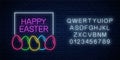 Happy easter glowing signboard with eggs and lettering in neon style with alphabet. Easter funny greeting banner