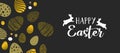 Happy Easter gold banner with eggs and rabbits