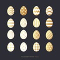 Happy Easter gold, white and black stylish eggs with geometric Stripes, Polka Dot and Chevron Patterns. Easter eggs set Royalty Free Stock Photo