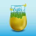 Happy Easter with golden egg, green grass and butterflies Royalty Free Stock Photo